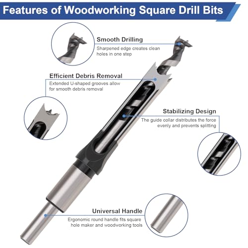 Square Hole Drill Bit Set, Bearing Steel, 6 Sizes 1/4"-5/8"