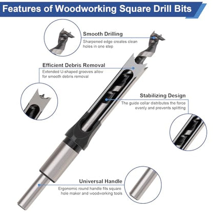 Square Hole Drill Bit Set, Bearing Steel, 6 Sizes 1/4"-5/8"