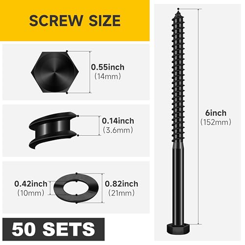 Mywish (50Sets) 3/8" x 6" Lag Bolts, 304 Stainless Steel 3/8 inch Lag Screws Bolts for Wood, Heavy Duty Hex Head with Flat Washers Bolt Kit, Black Oxided - size: 3/8 x 6"
