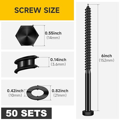 Mywish (50Sets) 3/8" x 6" Lag Bolts, 304 Stainless Steel 3/8 inch Lag Screws Bolts for Wood, Heavy Duty Hex Head with Flat Washers Bolt Kit, Black Oxided - size: 3/8 x 6"