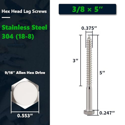 8-Sets 3/8 x 5 Hex Head Lag Screws & Flat Washers, Heavy Duty Lag Wood Screws, 304 Stainless Steel (18-8), 3/8" Bolt - size: 3/8 x 5