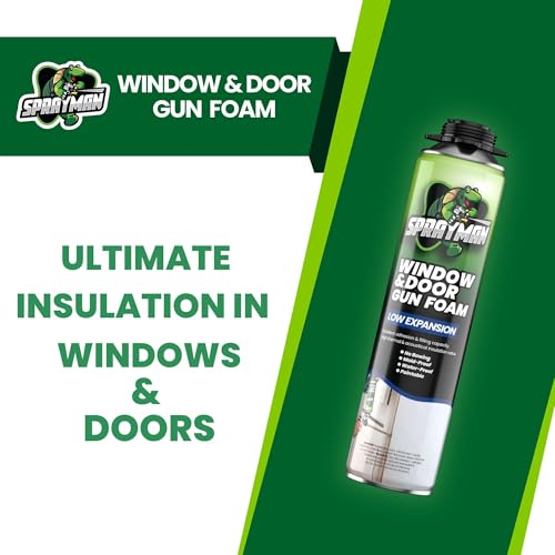 Sprayman Window & Door Expanding Spray Foam - (12x24oz) Low Expansion Polyurethane Spray Foam for Doors, Windows & Walls, Gun Use & Reuseable, Gun&Cleaner Included - 12 Pack - size: 12 Pack, style: Set