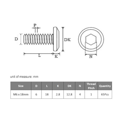 VGBUY M6-1 x 18 mm 65pcs Flat Head Hex Socket Cap Screws Metric M6 Bolts, 304 Stainless Steel 18-8, Black Zinc Plated, Full Thread, with Hex Spanner - size: M6 x 18mm(65pcs)