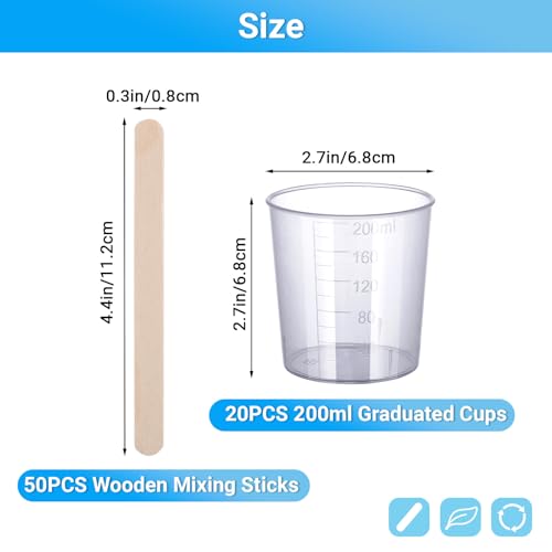 Gartful Resin Mixing Cups and Sticks, 70 Packs Epoxy Measuring Cups Kit - 20PCS 200ml Disposable Graduated Cups, 50PCS Wooden Stir Sticks for Mixing Paint, Stain, Epoxy, Resin - color: Clear cups+wooden stick, size: 200ml