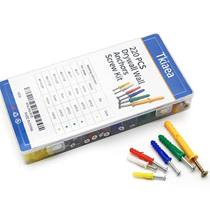 Drywall Anchors and Screws Kit 220Pcs, 110 Plastic Anchors, 110 Wall Screws, Includes 6 Different Size Wall Anchors and Screws for Drywall