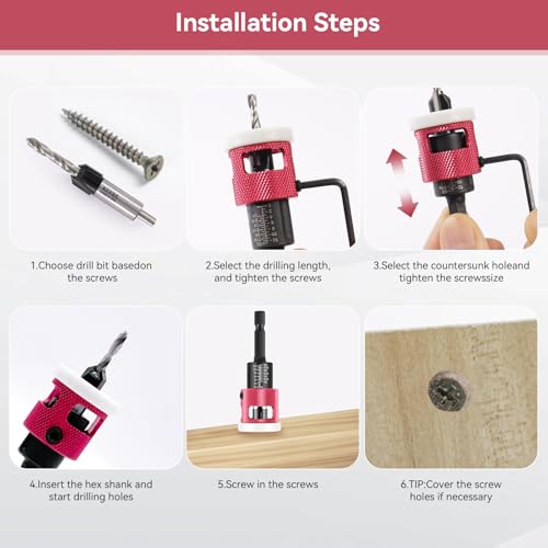 Countersink Drill Bit Set - 5 Pcs Countersink Drill Bit with Low Friction Depth Stop, HSS M2 Tapered Bits, Carbide Drill Bits 1/4” Hex Shank for Woodworking Tools - color: red