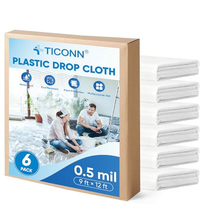 TICONN 12 x 9 Ft Plastic Drop Cloth for Painting, Waterproof Painters Plastic Sheeting, Painting Tarp for Furniture Cover, Floor Protection (6PK, 0.5Mil) - size: 0.5 Mil