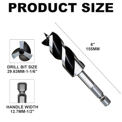 1-1/6"×6" Professional Auger Drill Bit for Wood with Quick Change 1/2" Hex Shank- 3-Cutter Design with Dual-Flute for Fast Chip Removal, Fits Hardwood, Softwood, PVC, Drywall & Tree Stumps - size: 1-1/6"×6"