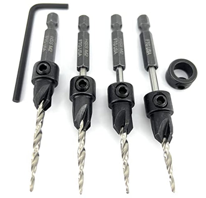 FTG USA #6 (9/64") Wood Countersink Drill Bit 4-Pc Set with 3/8" Depth Stop - size: #6, style: 4 Pc with Depth Stop
