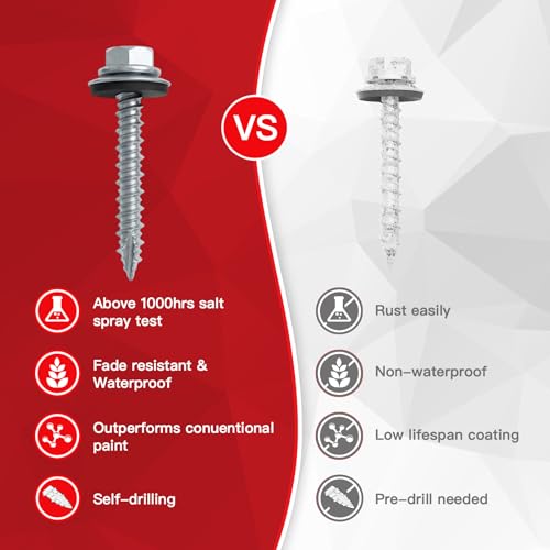 #10 x 1 Metal Roofing Screws with EPDM Washer, Hex Head Self Drilling Roof Screws, Zinc Plated, 150 Pack - size: #10 x 1"