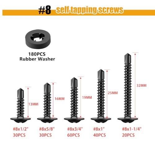 weideer 360pcs Self Tapping Screws for Metal, #8 410 Stainless Steel Sheet Metal Screws, Black Oxide Truss Head Self Drilling Screw with Rubber Washer,Length 1/2" to 1-1/4'' - size: BK 360PCS #8 Kit