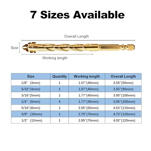 10pcs Masonry Drill Bit Set and Concrete Drill Bit Set, 1/8"-1/2" - size: 10 pack 1/8"-1/2"