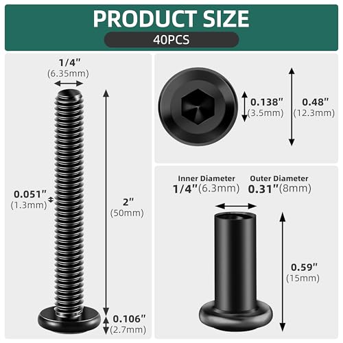 40Pcs 1/4-20 x 2 Flat Socket Head Cap Screws Bolts Barrel Nuts Kit, 304 Stainless Steel 18-8 Furniture Bolts Screws and Nuts, Black Oxided - size: 1/4 x 2"