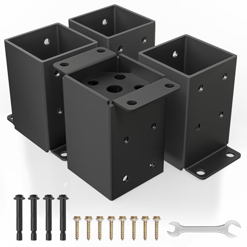 QZER 4×4 Post Base, Inner Size 3.5""x3.5"" Deck Post Brackets, Heavy Duty Metal Black Powder Coated Fence Post Anchor Base for Pavilion Porch Railing Pergola Support Deck Base Plate 4 Pcs - size: 4"x4"