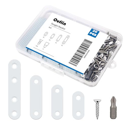 26 PCS White Stainless Steel Straight Bracket Flat Brace, 1.4 in / 1.8 in / 2.2 in / 3.0 in Wood Brackets Mending Repair Plate Brace for Bed Frame, Furniture & Shelves, with 64 White Screws and 1 Bit
