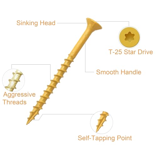 Deck Screws, Wood Screws #9 x 2-1/2 Inches, Rust Resistant Outdoor Decking Screws, Exterior Epoxy Coated Torx/Star Drive Head Screw for Fence, Roof Structure, T25 Star Bit Included, Tan - size: #9 x 2-1/2"