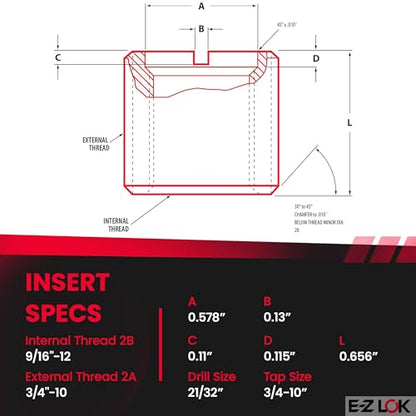 E-Z LOK Thread Insert, 0.5625-12 Internal, 0.75-10 External, 5 ct - style: 9/16-12 Internal Threads, 3/4-10 External Threads, 0.656 Length