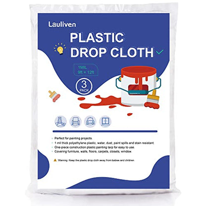 3-Pack Plastic Drop Cloth Sheet 9x12 Ft, 1 Mil Thick Clear Painting Tarps - size: 3 Pack, 9'x12'