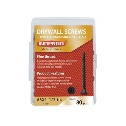 #6 x 1-1/2" Fine Thread Drywall Screw with Phillips Bugle Head, Black Phosphate Coated, Sharp Point, High Strength Quick Self Self Tapping Screw for Drywall Sheetrock, Wood and More, 80Pcs - size: #6 x 1-1/2-Inch