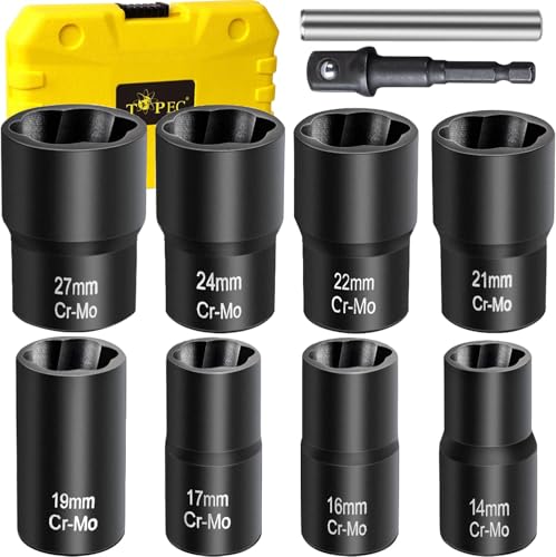 Topec Bolt Extractor Set, 10 Piece Lug Nut Remover Socket Tool, 1/2" Drive Impact Wheel Lock Removal Kit for Removing Damaged, Dead, Rusted, Rounded-Off Bolts, Lug Nuts & Screws - size: 10 PCS