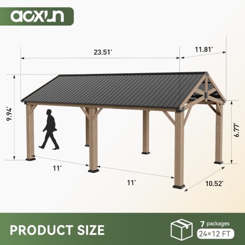 Aoxun 12' x 24' Wood Gazebo with Galvanized Steel Gable Roof, Gray - color: Taupe Gray, size: 12' x 24'