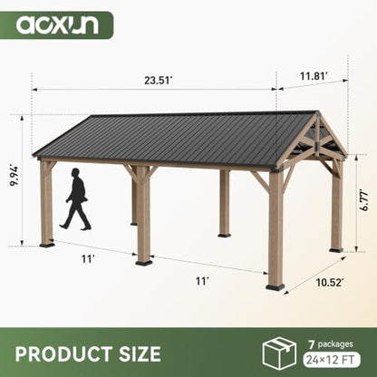 Aoxun 12' x 24' Wood Gazebo with Galvanized Steel Gable Roof, Gray - color: Taupe Gray, size: 12' x 24'