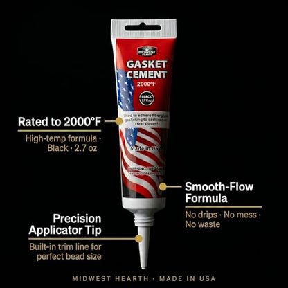 Midwest Hearth Stove Gasket Cement for Wood Stoves, Fireplaces & Inserts – High Temp 2000°F Black Adhesive – Smooth-Flow Formula, 2.7 oz Tube, Made in USA (Pack of 2) - size: 2.7 oz (Pack of 2)