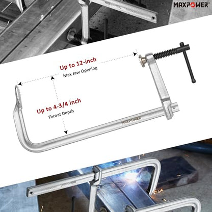 MAXPOWER 2-Pcs 12-inch F Clamp, 4-3/4" Throat, Forged Full Steel Bar Clamp - size: 12" (2-Pc)