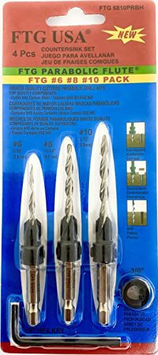 FTG USA 3Pc #6#8#10 Wood Countersink Drill Bit Set Parabolic Hex Shank - style: #6#8#10 Hex Shank