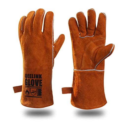 QeeLink Welding Gloves for Men - Fireproof Leather and Stitching - color: Brown (14-inch)