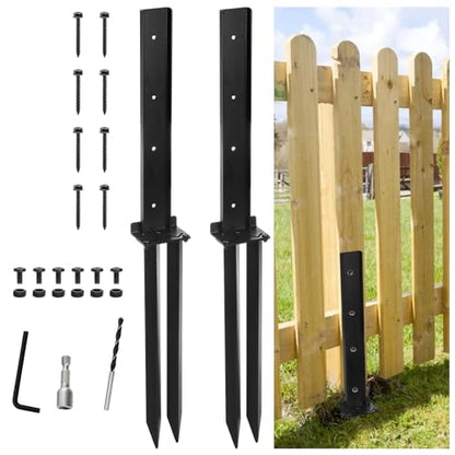 TOPZEA 2 Pack Fence Post Repair Kit, Heavy Duty Steel Stabilizer Stakes, Ground Anchors Spike to Fix Leaning/Tilted/Broken Wood Posts, Metal Support for Garden & Yard Fencing, Black