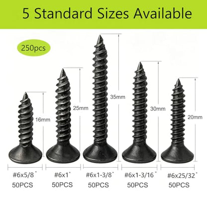 250PCS #6 Wood Screws Assortment Kit, 5 Sizes