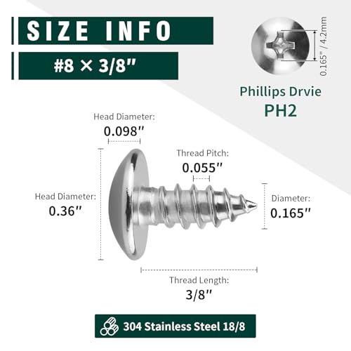 #8 x 3/8" Truss Head Wood Screw, Phillips Truss Head Self Tapping Sheet Metal Tek Screw, 18-8 Stainless Steel 304, Brgiht Finish, 100 PCS - size: #8 x 3/8"
