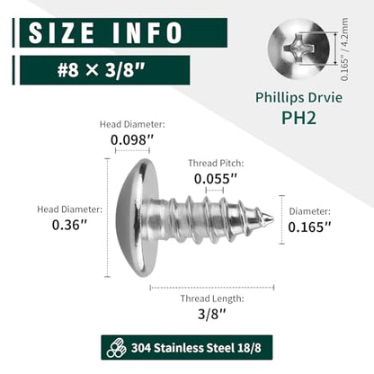 #8 x 3/8" Truss Head Wood Screw, Phillips Truss Head Self Tapping Sheet Metal Tek Screw, 18-8 Stainless Steel 304, Brgiht Finish, 100 PCS - size: #8 x 3/8"
