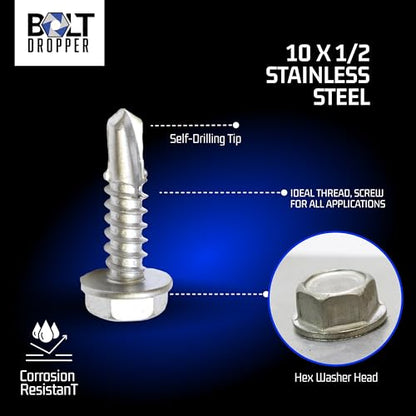 Bolt Dropper No. 10 x 1/2" Hex Washer Head Self Drilling Screws - Self Tapping Sheet Metal Tek Screws - 410 Stainless Steel - No. 1 Point, Plain Finish - Coarse Thread Type - 100 PCS - size: #10 x 1/2"(100 pcs), style: 1/2 Inch