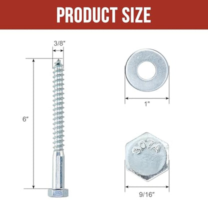 3/8" x 6" Lag Bolts (50 Pcs) 3/8 inch Lag Screws for Wood, Heavy Duty Hex Head with Washers, Zinc Plated - size: 3/8" x 6" (50 PCS)