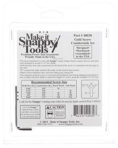 Snappy 5pc Gold Screw Countersink Drill Bit Set 5/64-9-64" USA