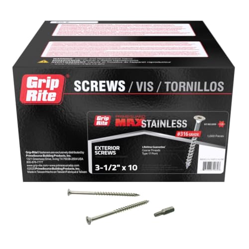 Grip-Rite PrimeGuard Max Deck Screws for Outdoor Projects - Bugle Head - Coarse Thread Wood Screws - T25 Star Drive - 316 Stainless Steel - #10 x 3-1/2" - 1000 Screws - MAXS31210DS3161M