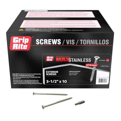 Grip-Rite PrimeGuard Max Deck Screws for Outdoor Projects - Bugle Head - Coarse Thread Wood Screws - T25 Star Drive - 316 Stainless Steel - #10 x 3-1/2" - 1000 Screws - MAXS31210DS3161M
