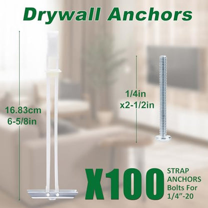 Drywall Anchor with Included Bolts for 1/4-20 Fastener Size, Wall Anchors Drywall Heavy Duty for TV Mounting, Hollow-Wall Anchors Screws Kit Holds Up to 270 Pounds Each in 1/2-in Drywall-100 Pack - size: 1/4"-20：Pack of 100