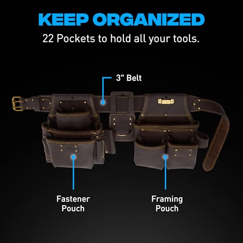OX Construction Tool Belt + Pouches - Leather Tool Belts For Men - Size L - color: Large