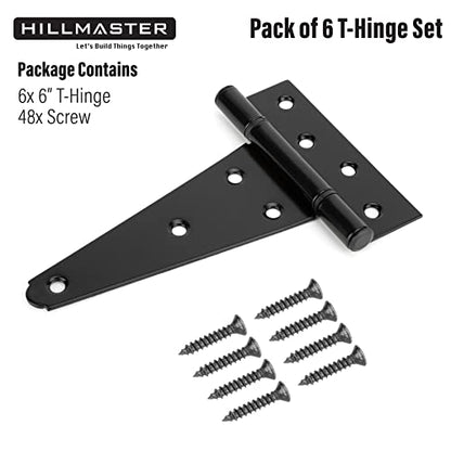 HILLMASTER 6 Inch T-Strap Heavy Duty Shed Door Hinges Gate Strap Hinges Black Tee Hinge Wrought Hardware for Wooden Fences,Yard,Barn Door,Rustproof (6 Pack) - size: 6in 6Pack