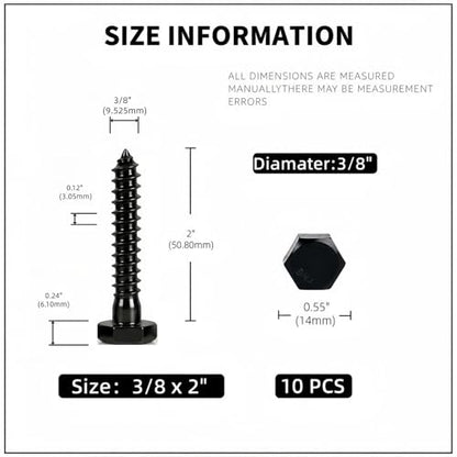 3/8" x 2" Hex Head Lag Screws (10 Pcs) with Washers – Heavy Duty Black Oxide 304 Stainless Steel Bolts 18-8, Wood, Roofing & Construction (Partial Thread) - size: 3/8"x2"