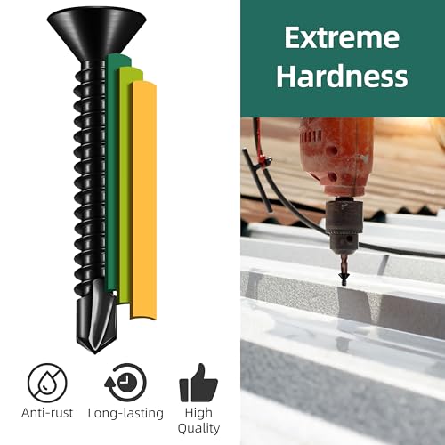 150pcs #10 x 1-1/2 Sheet Metal Self Tapping Screws Assortment Kit, 410 Stainless Steel Flat Head High-Strength Fast Self-Drilling Screws, Black Oxided - size: #10x1-1/2"