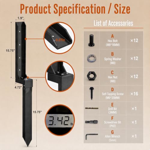 Fence Post Repair Kit, Anchor Ground Stakes for Repair Tilted, Broken Wood Fence Post with Install Accessoris (4 PCS) - color: Black
