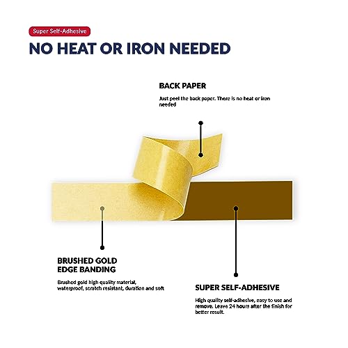 Brushed Gold PVC 1/2 inch x 50 ft Edge Banding Peel Stick Tape Adhesive Metal Edging Veneer Aluminum Trim Flexible Strip Molding MDF Wood Cabinet Laminate Shelf Furniture Countertop Formica Plywood - color: Brushed Gold, size: 1/2 inch x 50 ft