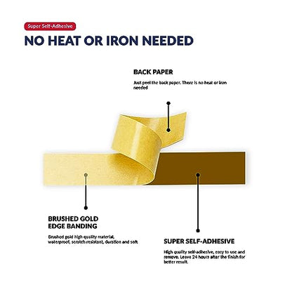 Brushed Gold PVC 1/2 inch x 50 ft Edge Banding Peel Stick Tape Adhesive Metal Edging Veneer Aluminum Trim Flexible Strip Molding MDF Wood Cabinet Laminate Shelf Furniture Countertop Formica Plywood - color: Brushed Gold, size: 1/2 inch x 50 ft