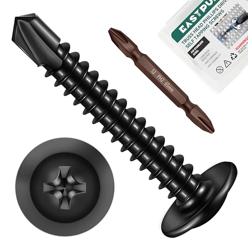 #10 x 1-1/4" Black Self Tapping Screws for Metal, Truss Head Phillips Drive 410 Stainless Steel Self Drilling Sheet Metal Screws with Drill Bit, Fast Tapping (Box of 100) - color: Black, size: #10 x 1-1/4"