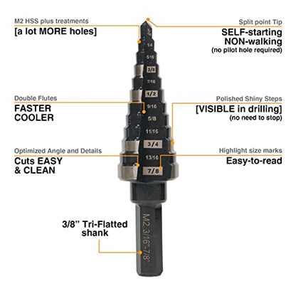 3/16"-7/8" M2 Step Drill Bit Unibit for Hole Drilling 12 Sizes - size: 3/16" to 7/8" (Straight)
