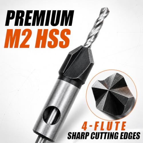 12 PCS Wood Countersink Drill Bits, M2 High Speed Steel 4-Flute Pilot Bits, Depth Stop & L-Wrench, Precision Kit for Wood, Plastic, DIY & Drilling Tasks